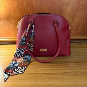 London Fog Nora Satchel Bag Red Vegan Leather Dome Purse W/Scarf